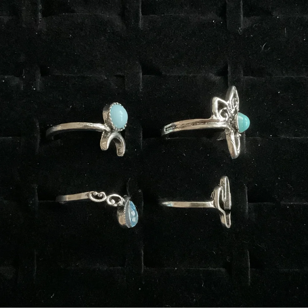 Silver Tone Rings x4 Cactus Cross Synthetic Blue Topaz Turquoise Boho Set Size 4